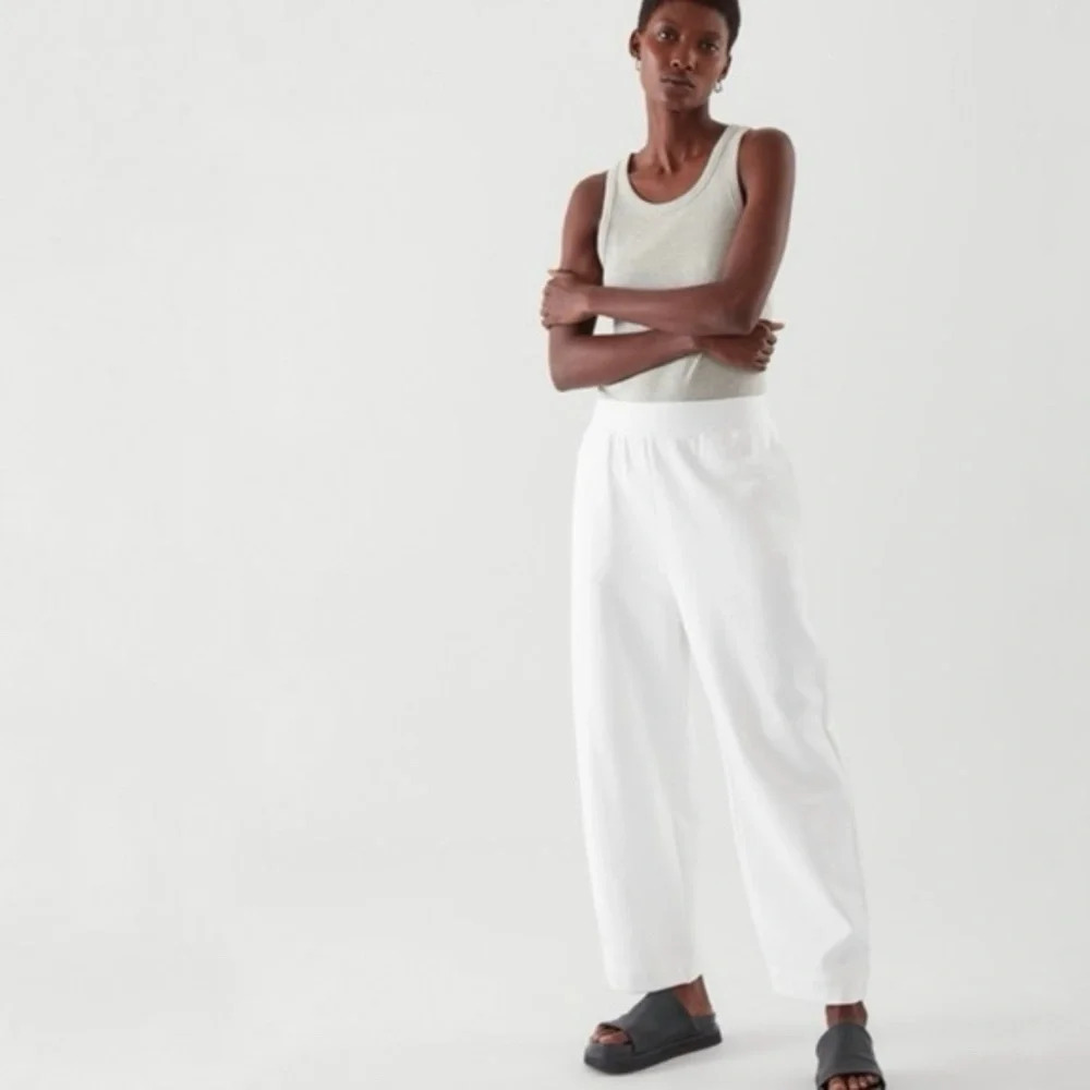 Cos Elastic Waist Wide Leg Cotton Joggers Pants White Size 8 Casual